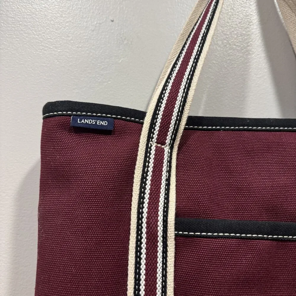 Vintage Lands' End Canvas Tote Bag Burgundy Black Boat Striped Handles 13x17